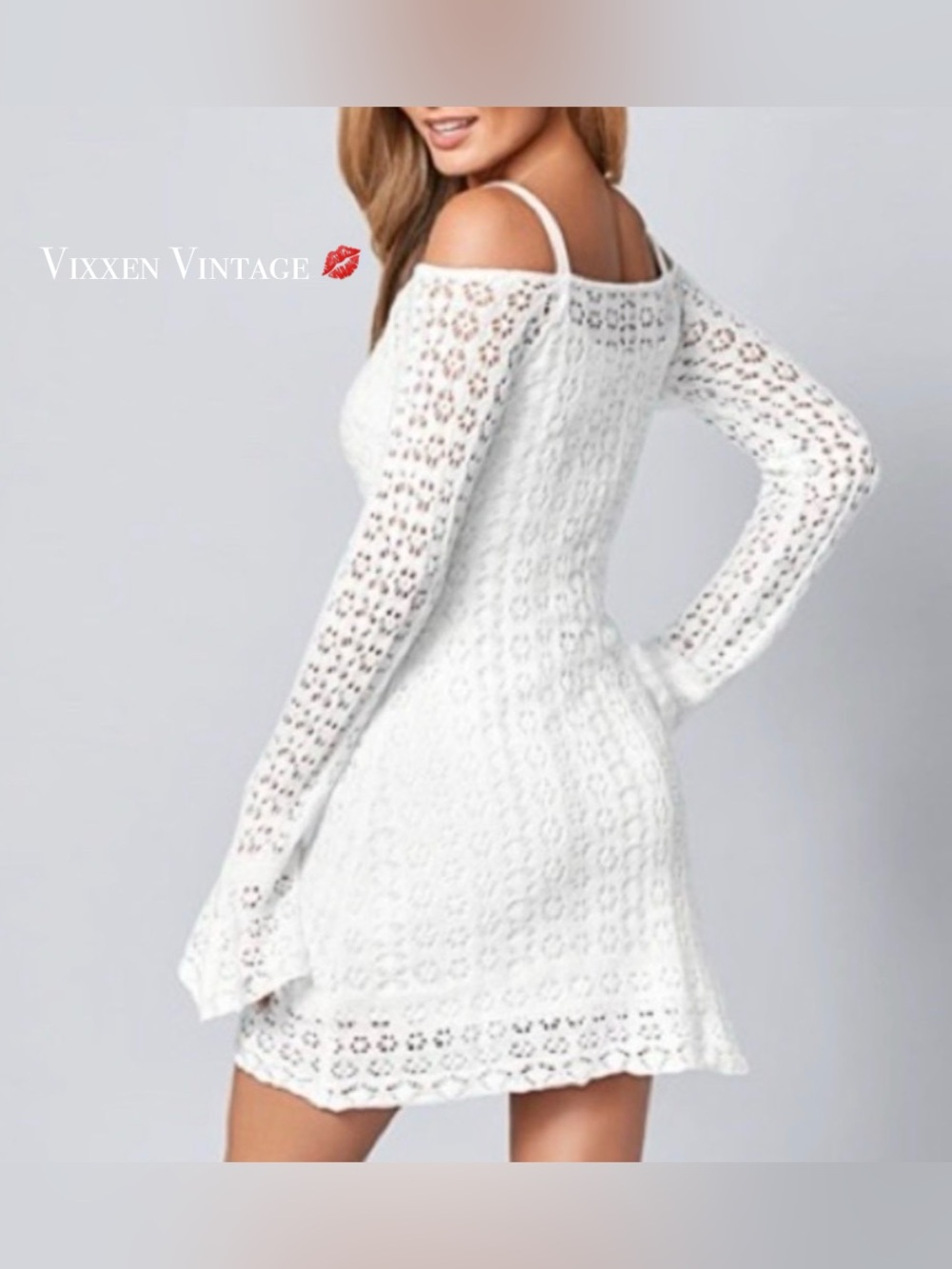 VENUS COLD SHOULDER CROCHET BELL SLEEVE BODYCON DRESS IN WHITE - Picture 6 of 7
